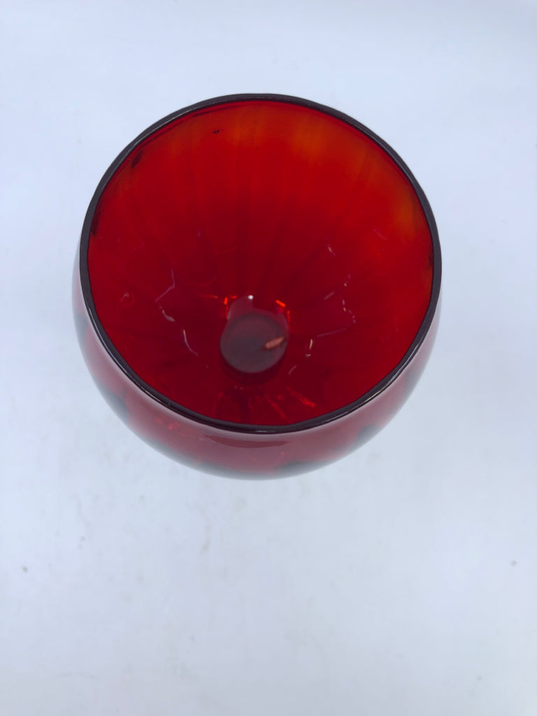 4 RED GLASS WINE GOBLETS.