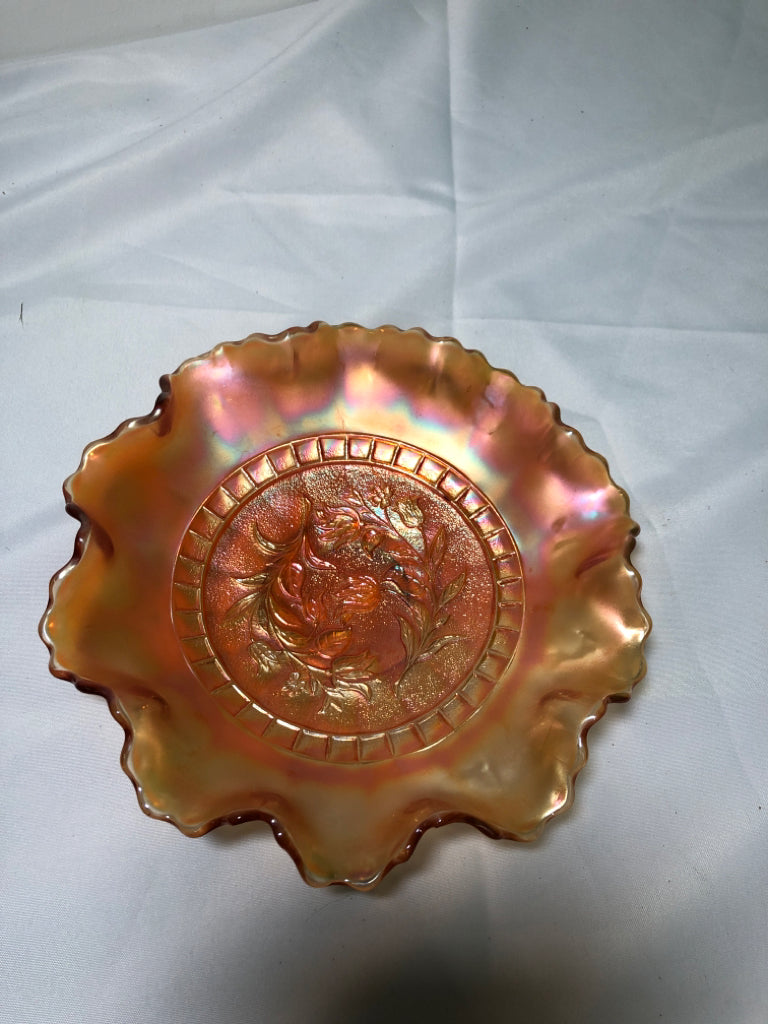 VTG ORANGE GLASS WAVY DISH.