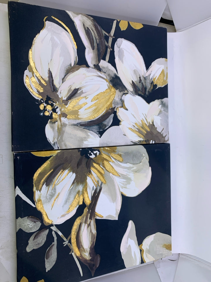 2 PC WHITE FLORAL CANVAS W/ TEXTURE GOLD DETAILS W/ BIRD.