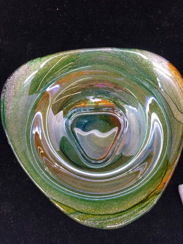 GREEN GLITTER SWIRL NUT BOWL.