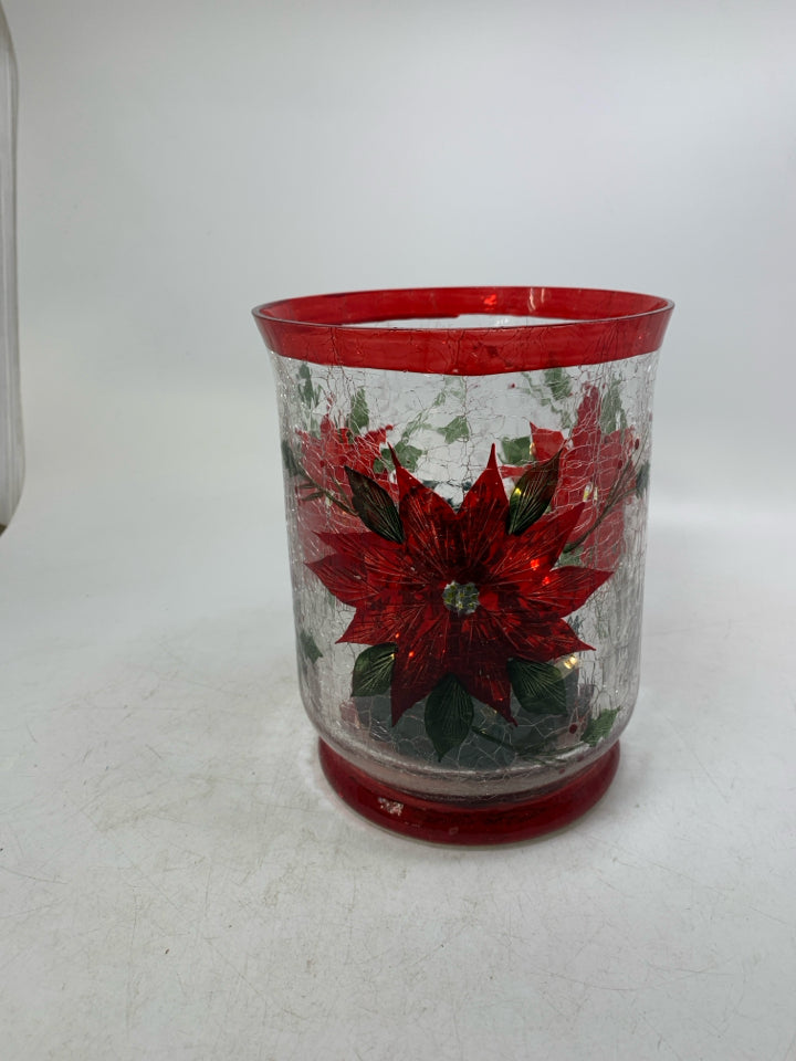 CRACKLE LARGE POINSETTIA PILLAR CANDLE HOLDER W/ STRING LIGHTS YANKEE CANDLE.