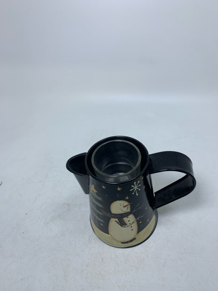 BLACK ENAMEL PRIMITIVE STYLE SNOWMAN PITCHER TEALIGHT HOLDER.