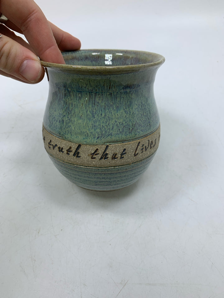 TEAL BLUE POTTERY BECAUSE OF THE TRUTH MUG.