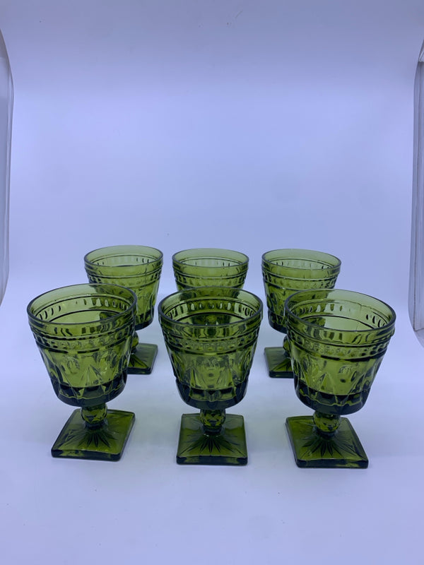 6 VTG GREEN GLASS GOBLETS.