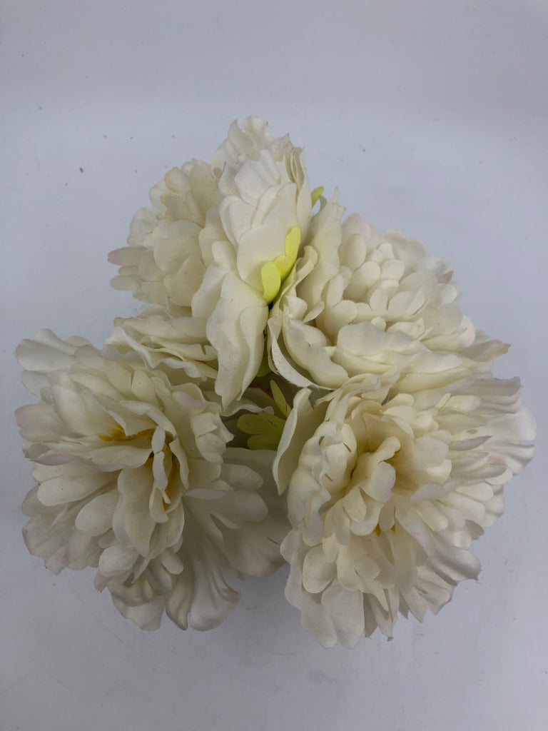 FAUX WHITE FLORAL IN WHITE VASE.