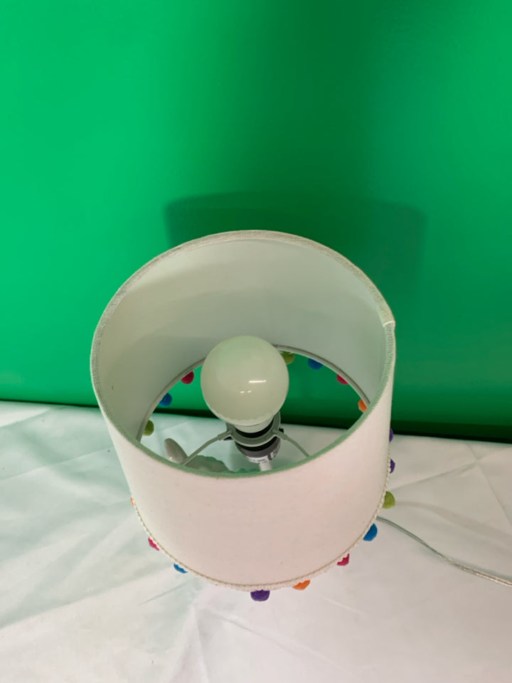 WHITE LLAMA LAMP W POP POM SHADE.