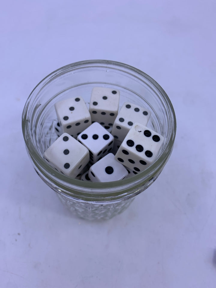 BALL JAR W/LID FILLED WITH DICE.