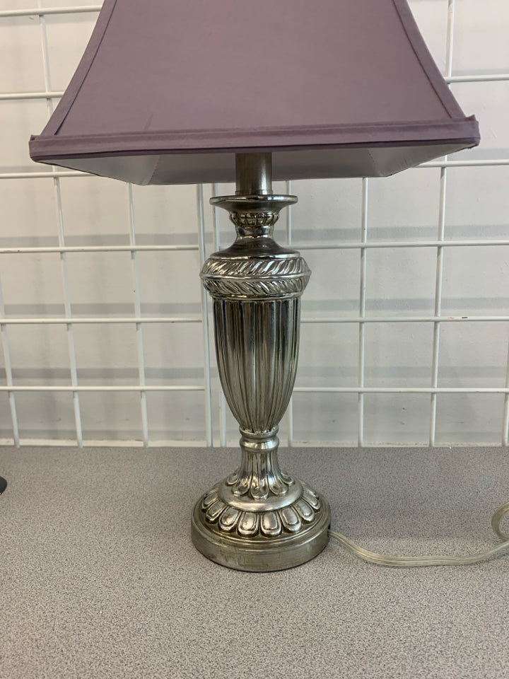 SM SILVER LAMP W/PURPLE FLARE SHADE.