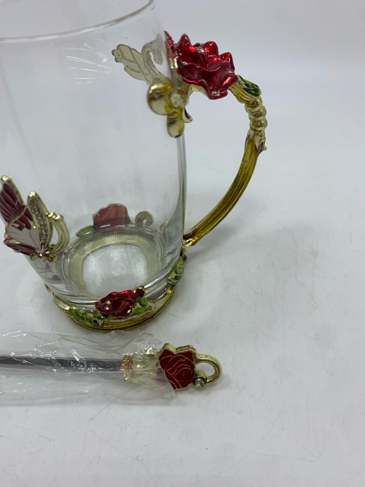 2PC ROSE GLASS TEA CUP W/SPOON.