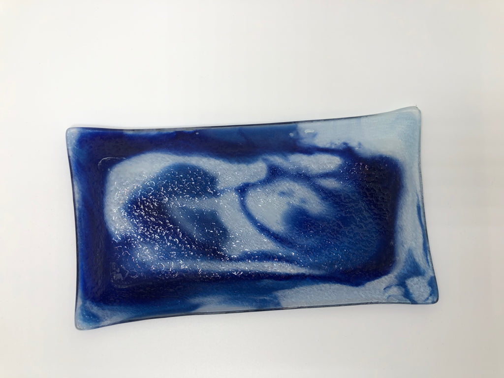 FUSED BLUE GLASS TRAY W/ELEPHANTS.
