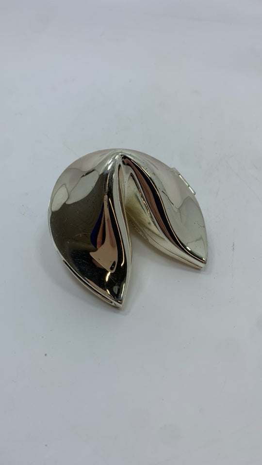SILVER METAL FORTUNE COOKIE BOX.