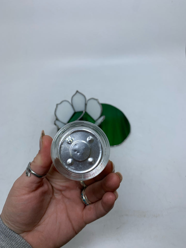 STAINED GLASS LILLY PAD TEA LIGHT HOLDER.