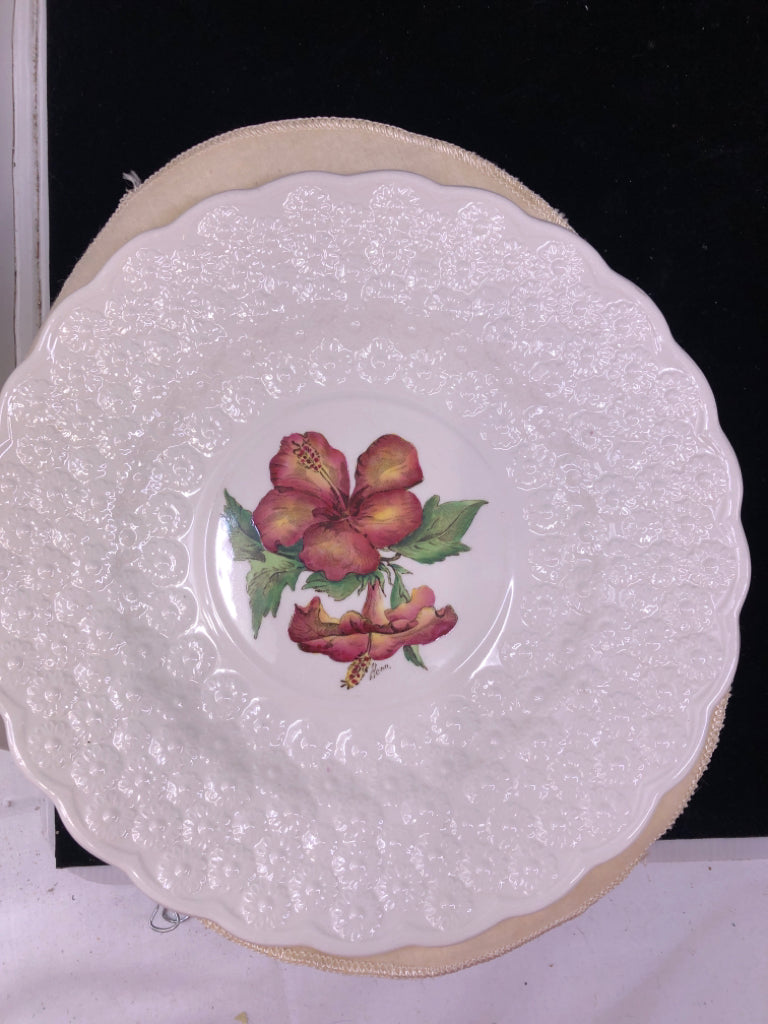 VTG 13 WHITE EMBOSSED FLORAL PLATES.