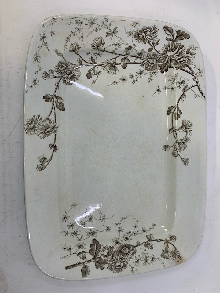 VTG SPRING BROWN FLOWERS RECTANGLE PLATTER.