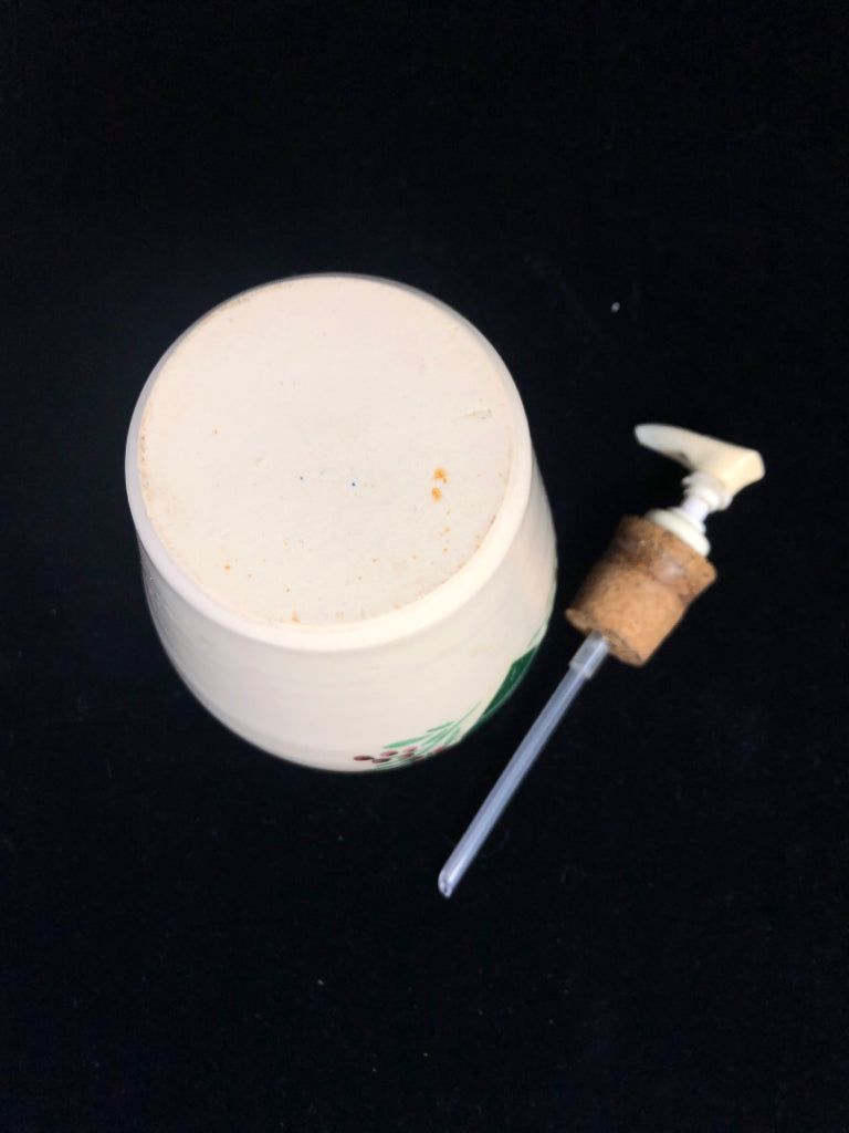 PRIMITIVE CREAM STONEWARE SOAP DISPENSER W/GREEN HEART.