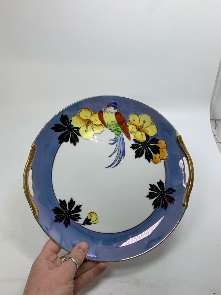 IRIDESCENT BLUE RIM W/ PARROT & FLOWERS PLATE W/ HANDLE.
