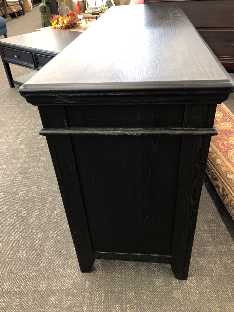 DARK WOOD TV CONSOLE W/2 SHELVES.