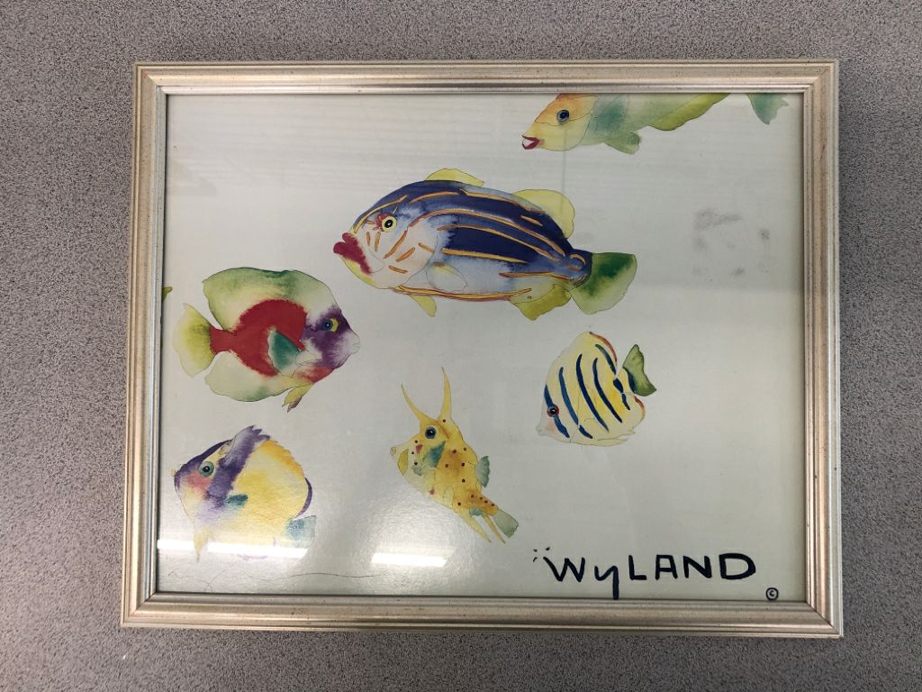 WATERCOLOR FISH PRINT IN SILVER FRAME.