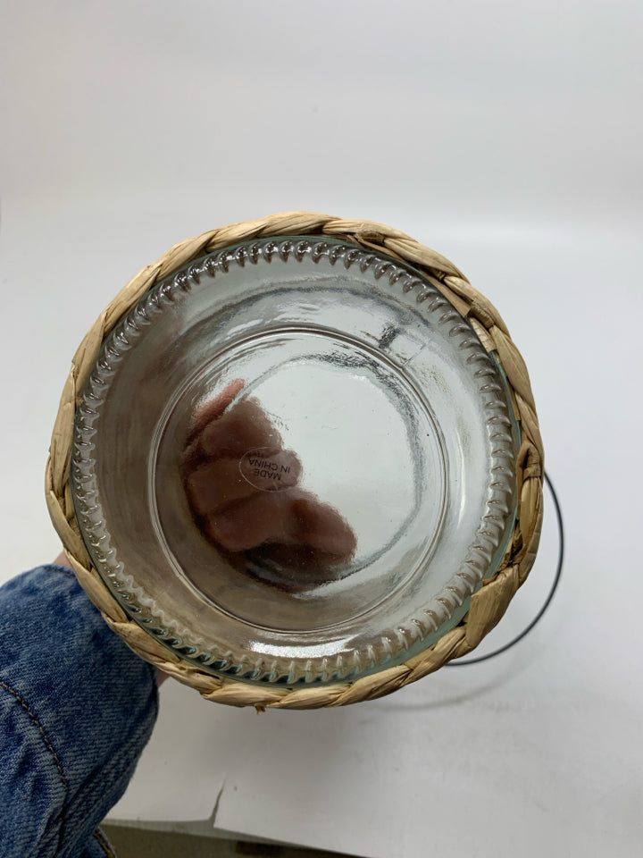 GLASS JAR W/ BASKET WOVEN OUTSIDE LANTERN.