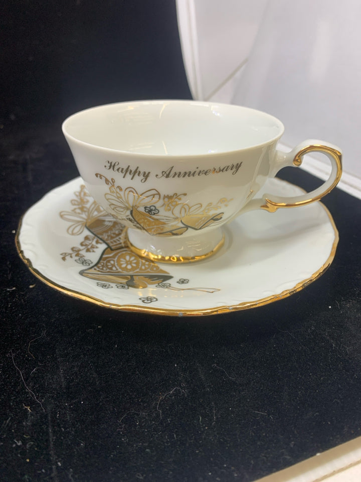 WHITE W/GOLD HAPPY ANNIVERSARY TERA CUP & SAUCER-ROYAL ANN.