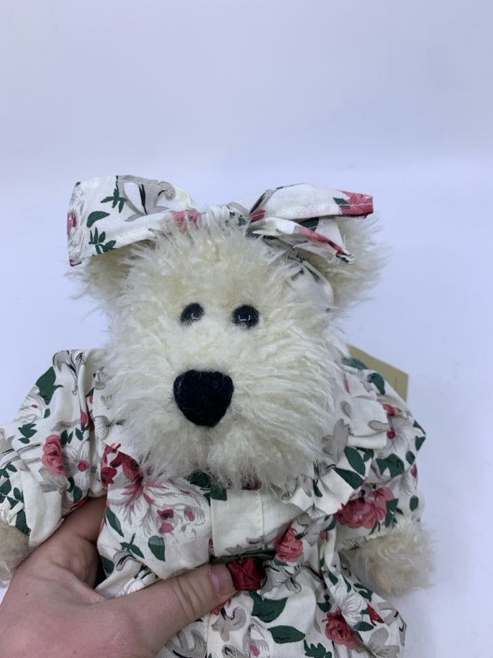 WHITE SHAG BEAR W/ FLORAL JUMPSUIT BOYDS BEAR.
