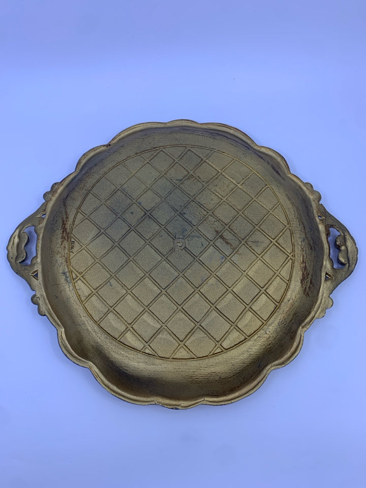 VTG GOLD WOOD ROUND TRAY SCALLOP EDGE W/ PAINTED FLOWERS DESIGN.