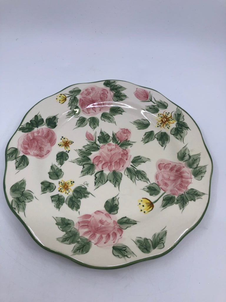 6 GREEN W PINK FLORAL DINNER PLATES.