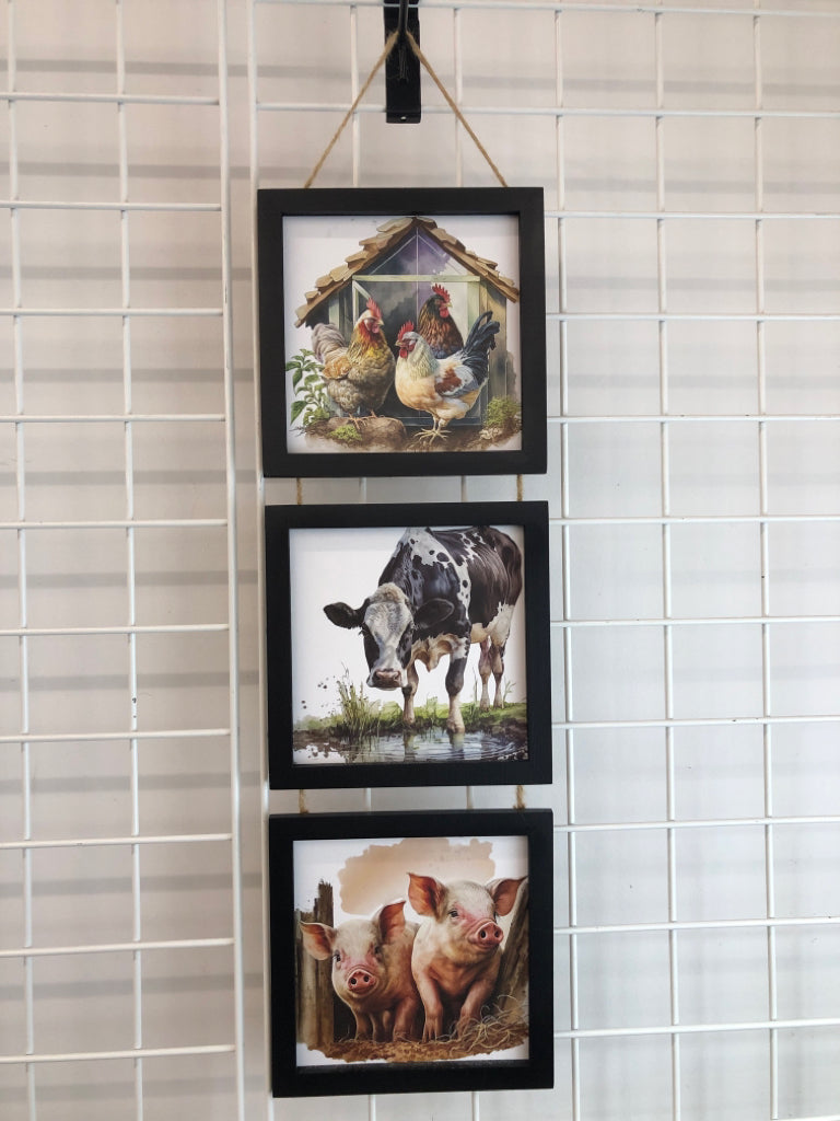 ROOSTER, COW, PIG 3 SECTION PHOTOS IN BLK FRAME.