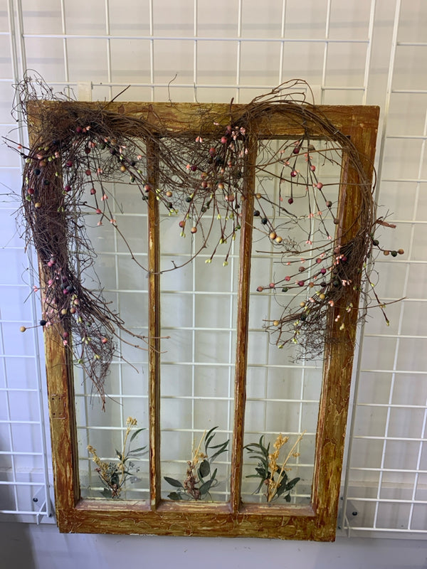 PRIMITIVE WINDOW PANE WALL HANGING W/ DRIED FLOWERS AND PIP BERRIES.