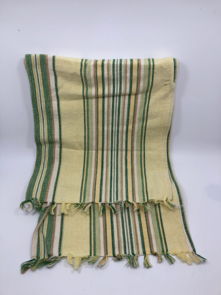 GREEN/YELLOW STRIPE TABLE RUNNER W/TASSELS.