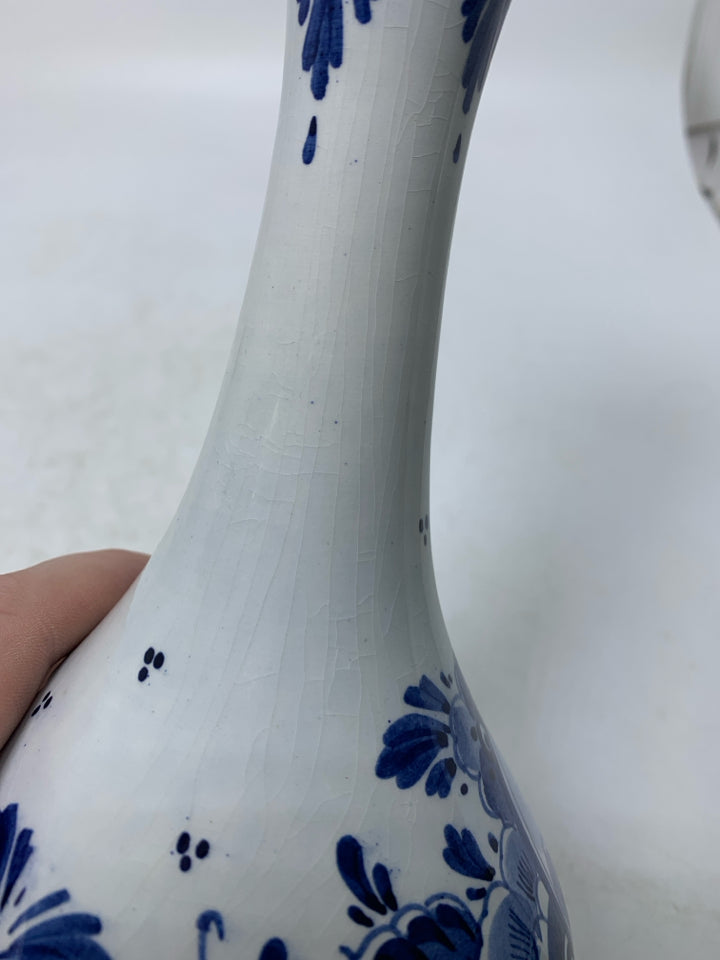 VTG FOOTED FLORAL W/ SAILBOAT PAINTED VASE W/ SKINNY NECK.