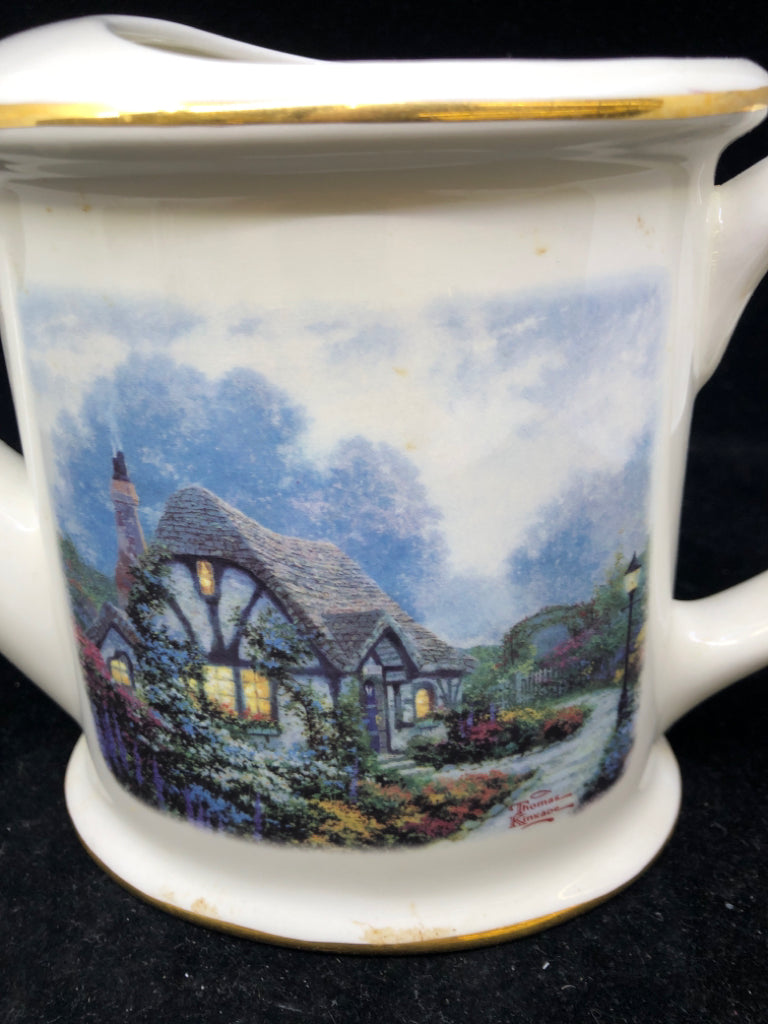 THOMAS KINKADE WATERING CAN WITH GOLD TRIM PLANTER.