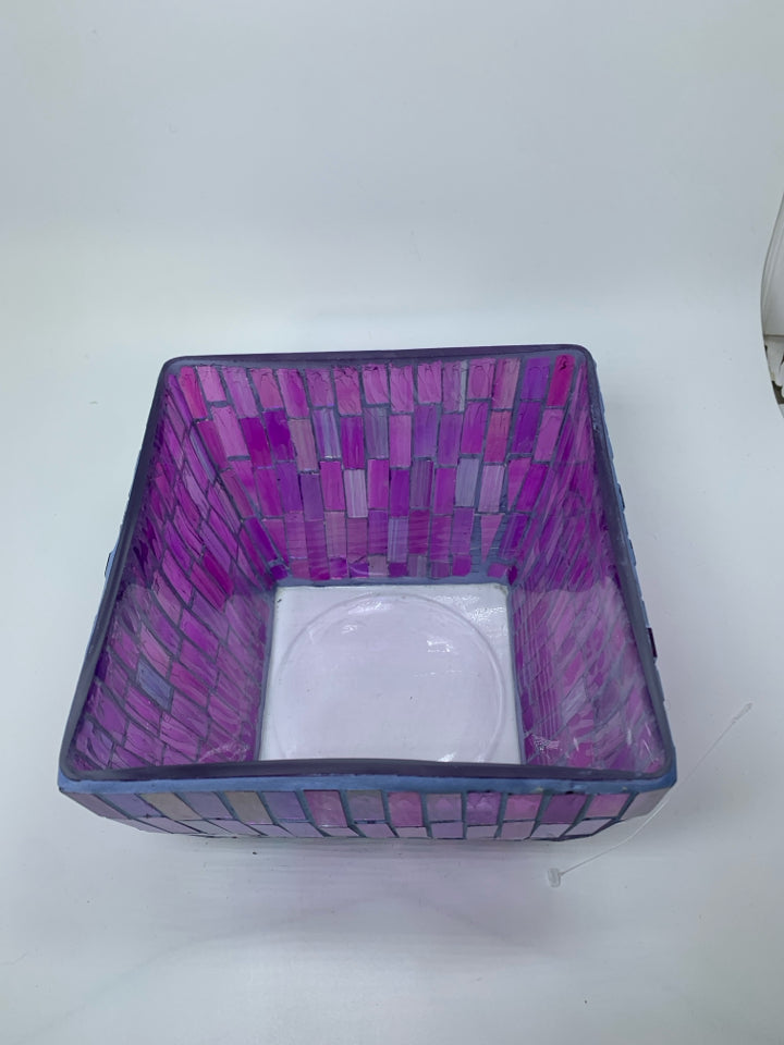 PURPLE IRIDESCENT MOSAIC GLASS SQUARE PLANTER.