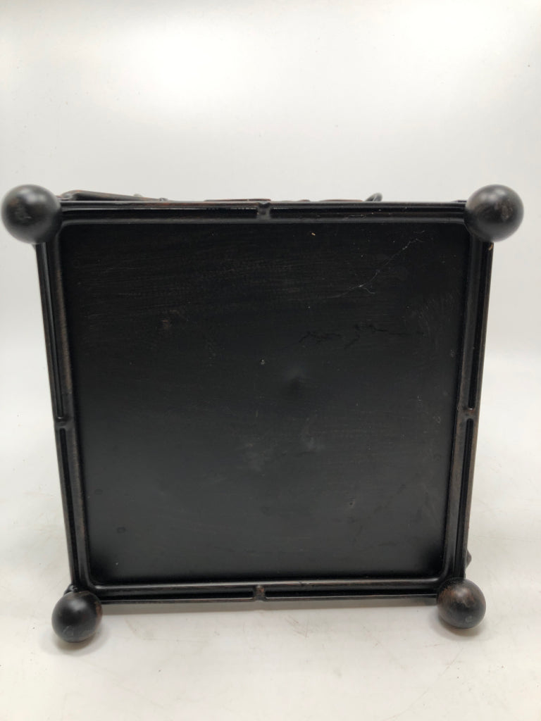 BLACK METAL LEAF EMBOSSED CANDLE LANTERN.