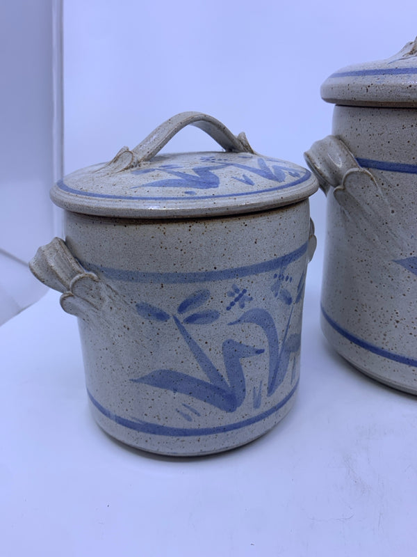 3 BROWN SPECKLED BLUE FLORAL POTTERY CANISTERS W LIDS.