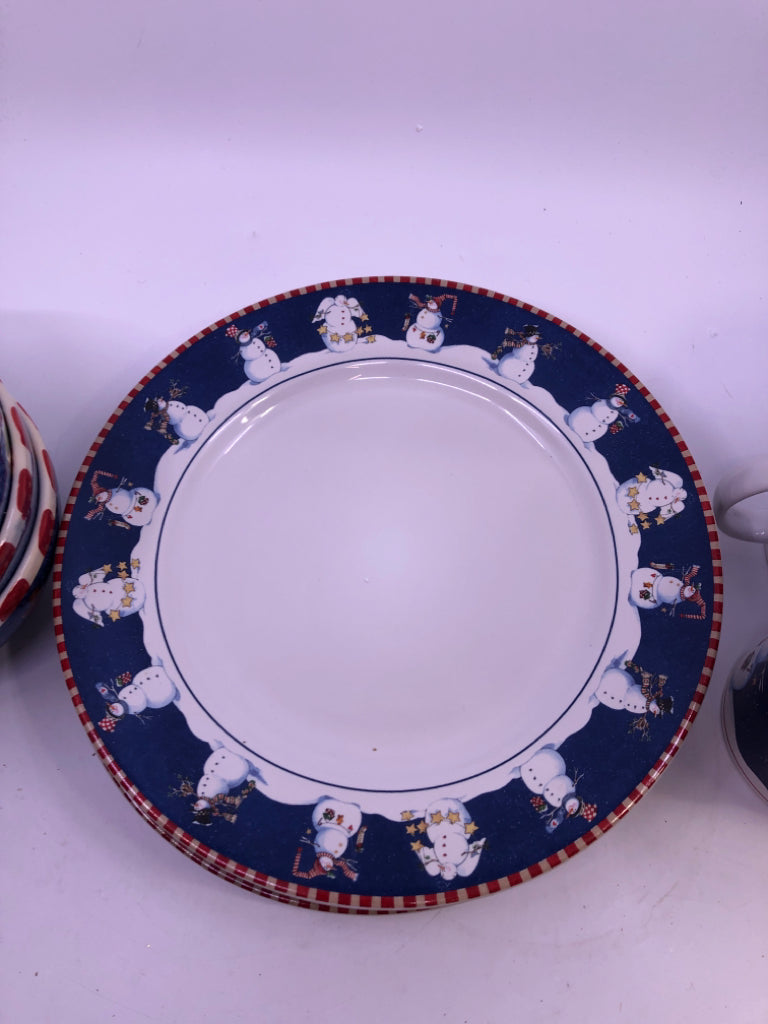 16 PC SVC 4 PRIMITIVE SNOWMAN DINNER,LUNCH,BOWLS,MUGS.