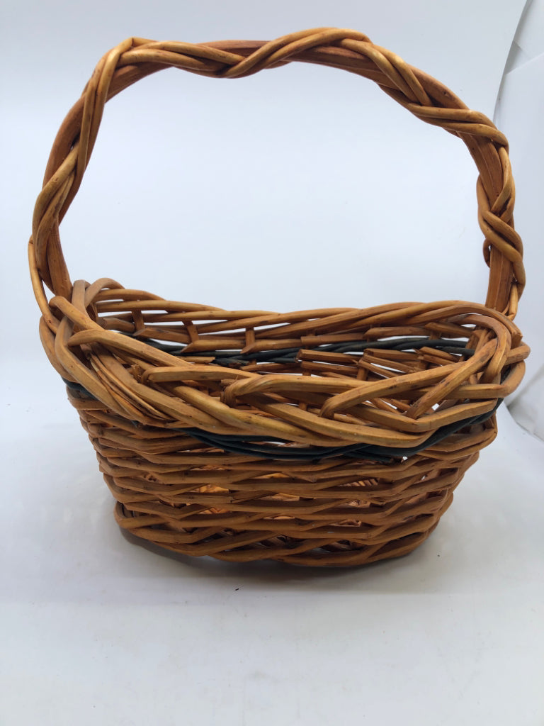 OVAL ORANGE BLACK STRIPE WOOD BASKET WITH HANDLE.