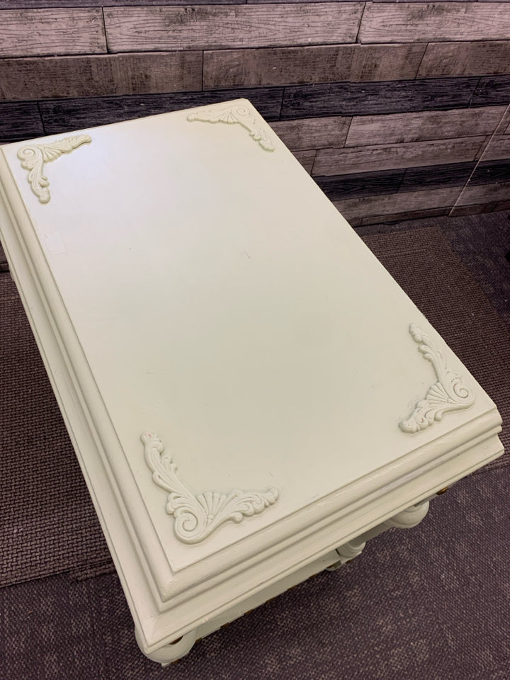 SMALL GREEN BOTTOM SHELF GOLD STUDDED SIDE TABLE.