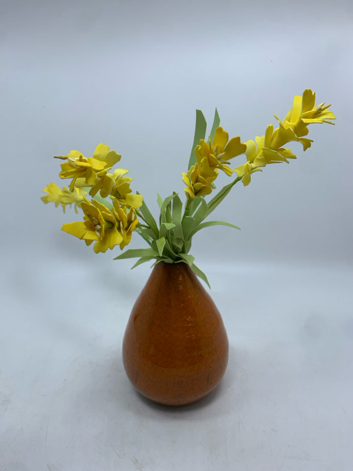 ORANGE CRACKLE VASE W/YELLOW FLORALS.