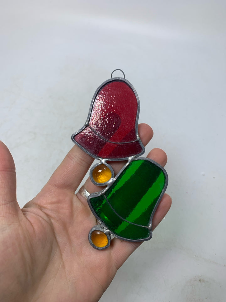 STAINED GLASS RED GREEN BELLS ORNAMENT.