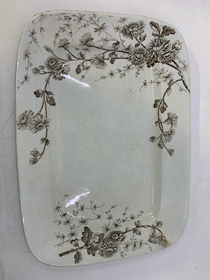 VTG SPRING BROWN FLOWERS RECTANGLE PLATTER.