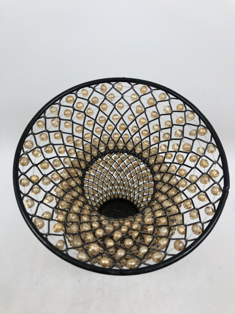 BEADED VASE W METAL BASE.