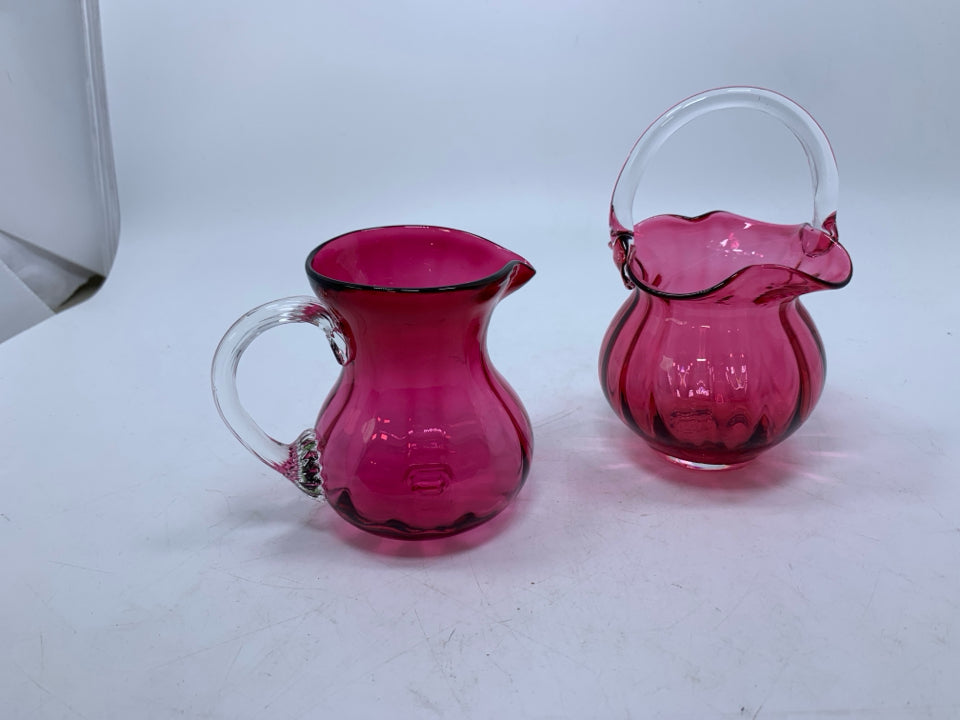 VTG RED GLASS CREAM + SUGAR BOWL.