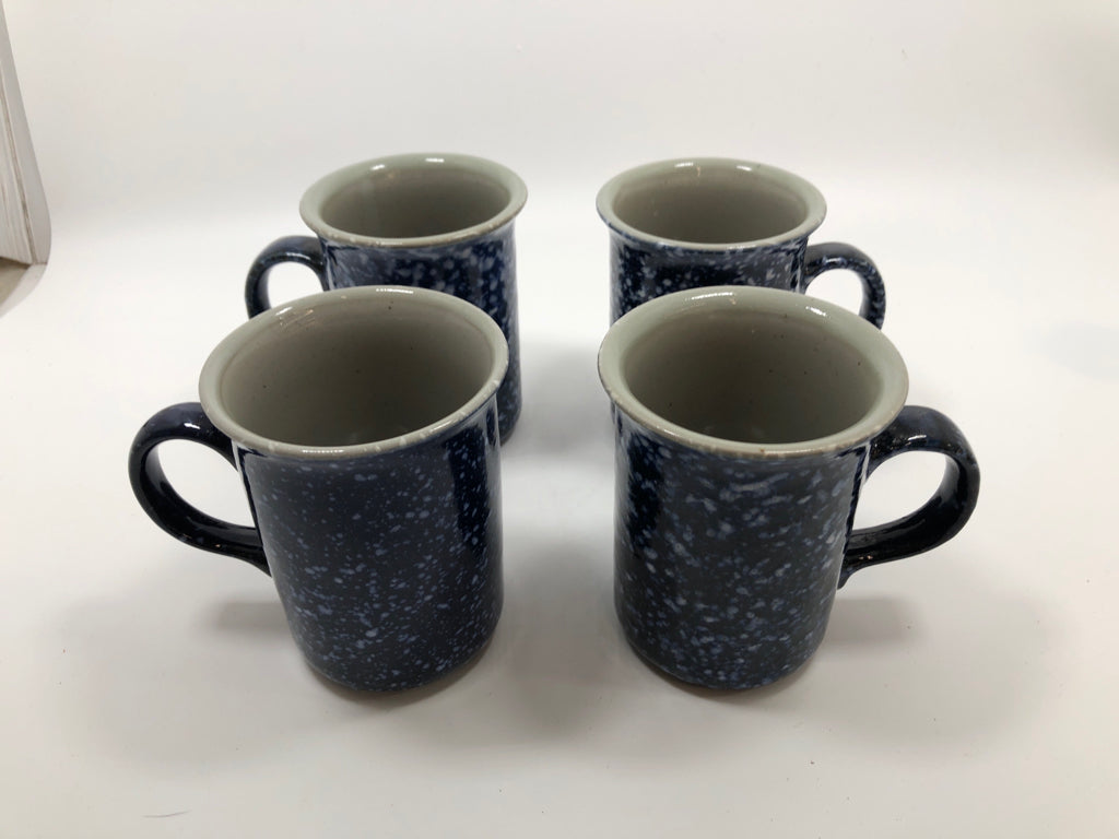 4 COBALT BLUE SPECKLED MUGS.