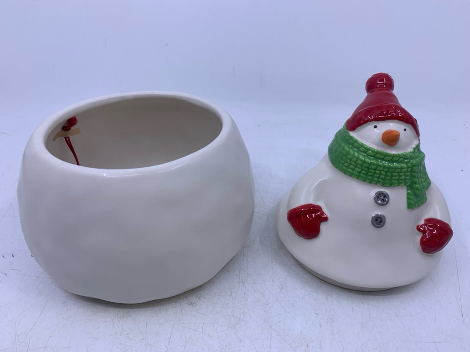 SNOWMAN CERAMIC COOKIE JAR RED HAT/GLOVES HALLMARK.