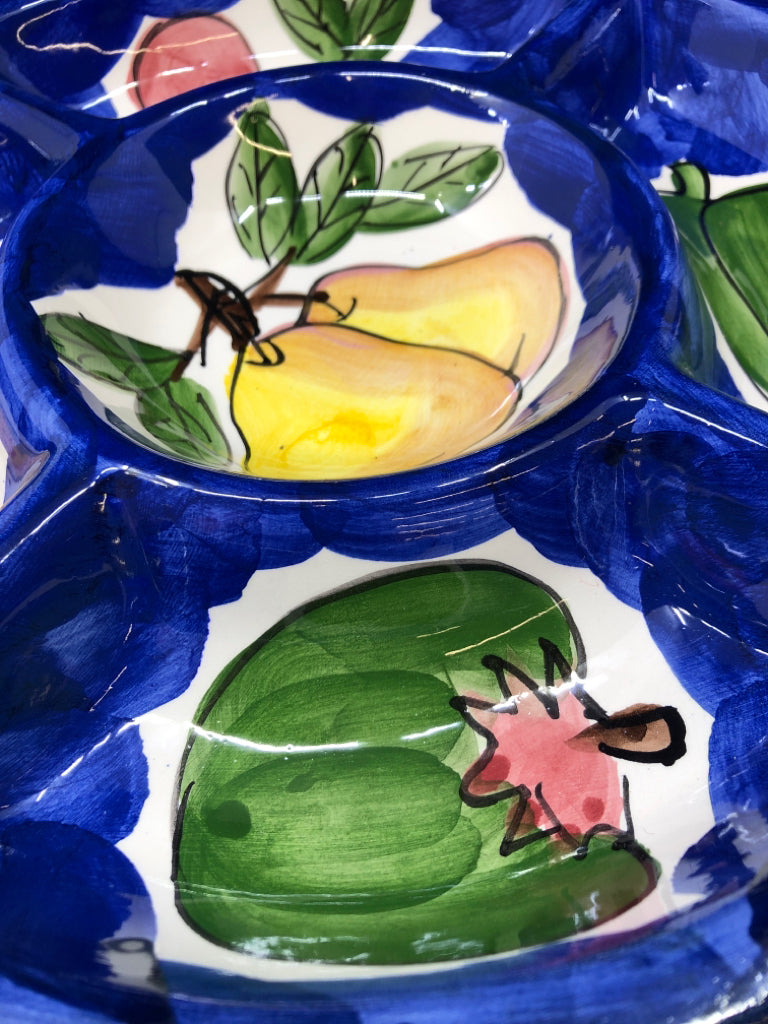 BLUE DIVIDED FRUIT AND VEGETABLE SERVER.