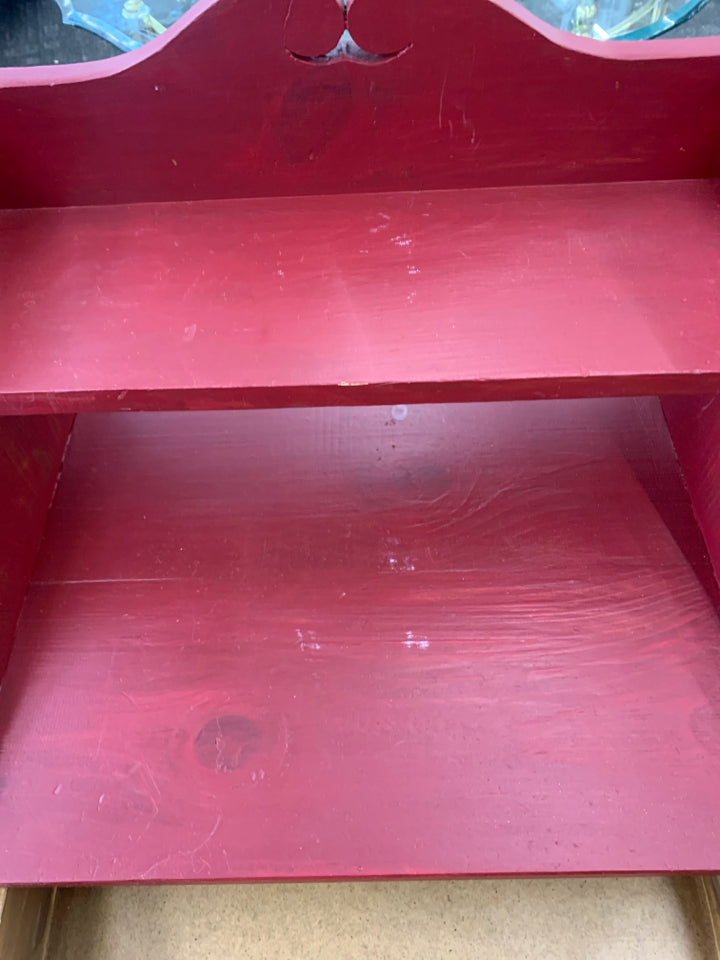 RED PAINTED WOOD TABLE WITH SHELF AND DRAWER.