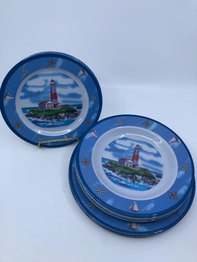 16PC BLUE MELAMINE LIGHTHOUSE SERV FOR 4 - 4 BOWLS, 4 LUNCH PLATES, 4 DINNER PLA