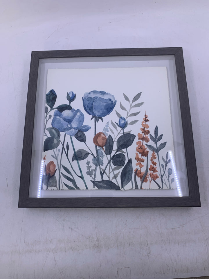 SHADOW BOX W/ RED/BLUE FLOWERS GREY FRAME.