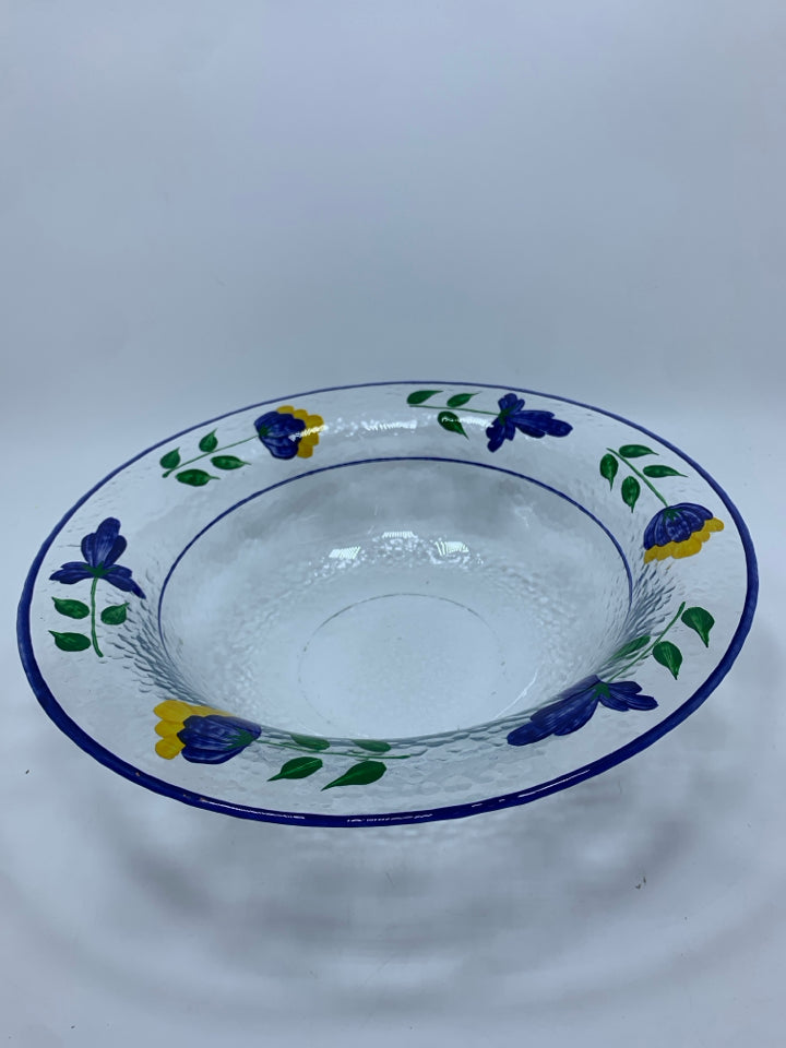 BLUE FLOWER PAINTED GLASS BOWL.
